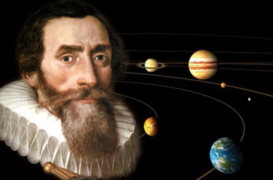 Portretul lui Kepler pe un fundal cu planetele Sistemului Solar dispuse pe orbite