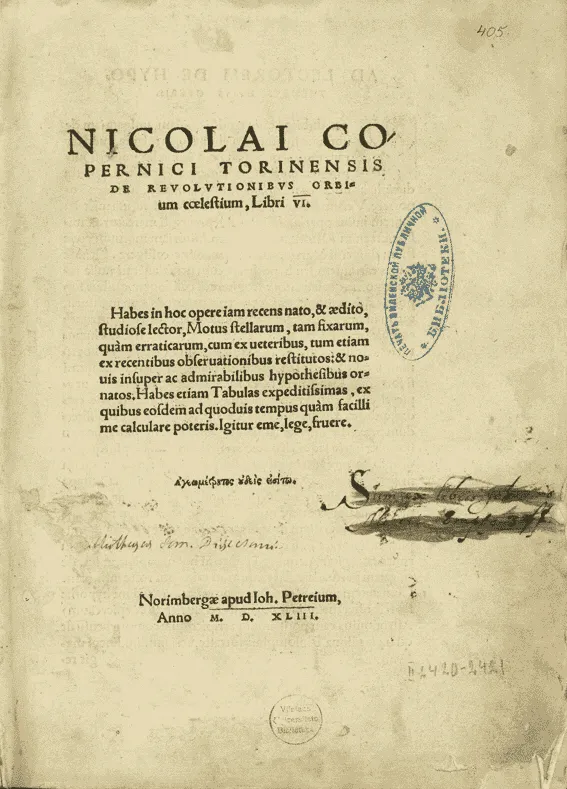 Pagina de titlu a cărții „De revolutionibus orbium coelestium” de Nicolaus Copernic
