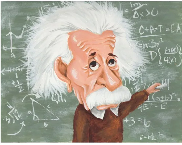 Caricatură cu Albert Einstein în fața unei table acoperite de formule