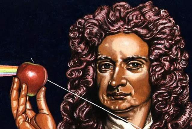 Portret desenat al lui Isaac Newton ținând un măr, cu un curcubeu în fundal