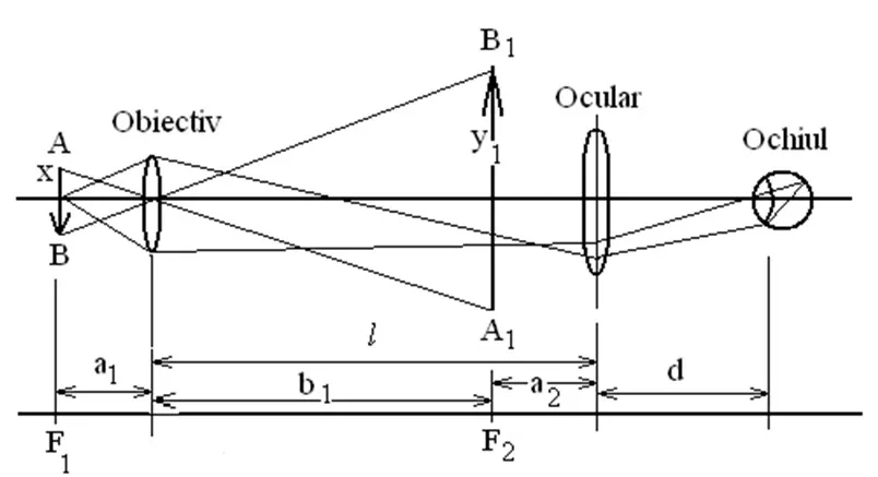 Schema microscopului: obiectivul formează imaginea A₁B₁, ocularul o mărește, iar ochiul o observă; sunt marcate distanțele a₁, b₁, a₂, d și focarele F₁ și F₂