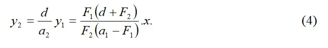 Formulă: y₂ = (d/a₂)·y₁ = F₁(d + F₂)/[F₂(a₁ − F₁)]·x (4)