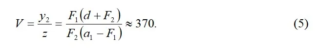 Mărirea microscopului: V = y₂/z = F₁(d + F₂)/[F₂(a₁ − F₁)] ≈ 370 (5)