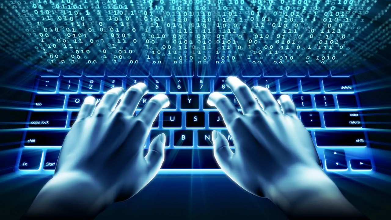 Mâini stilizate tastând pe o tastatură, pe un fundal de cifre binare